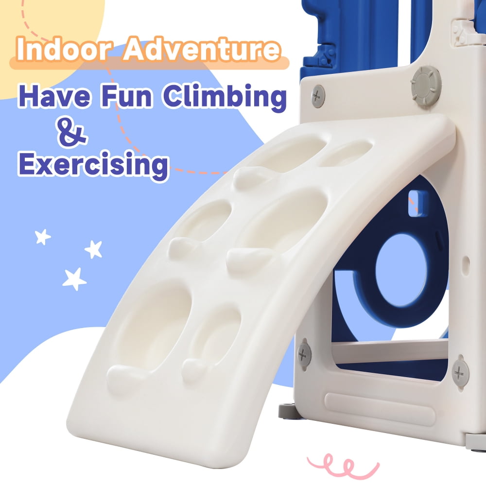 5 in 1 Toddler Swing and Slide Set with Climber, Kids Playground Climber Slide Playset with Safety Belt, Armrest, Basketball Hoop, High Adjustable Baby Swing Set for Indoor Outdoor Backyard, Blue