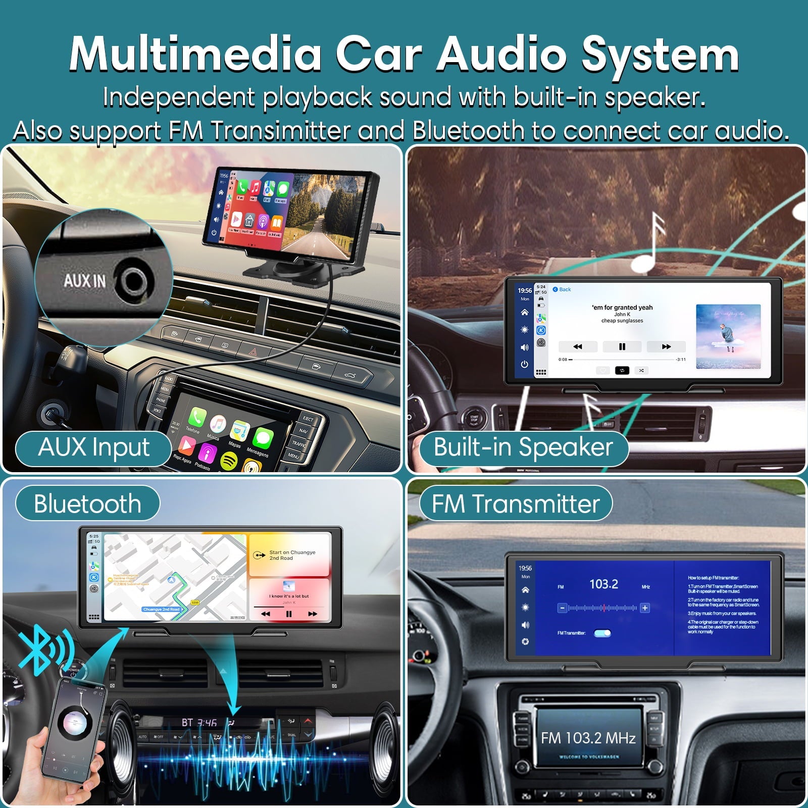 Wireless Carplay Android Auto Portable Car Stereo, 64G SD Card, 2.5K Dash Cam, Backup Camera, Bluetooth, GPS Navigation Car Radio, Bluetooth/FM Transmission, 10" Touchscreen Carplay Screen