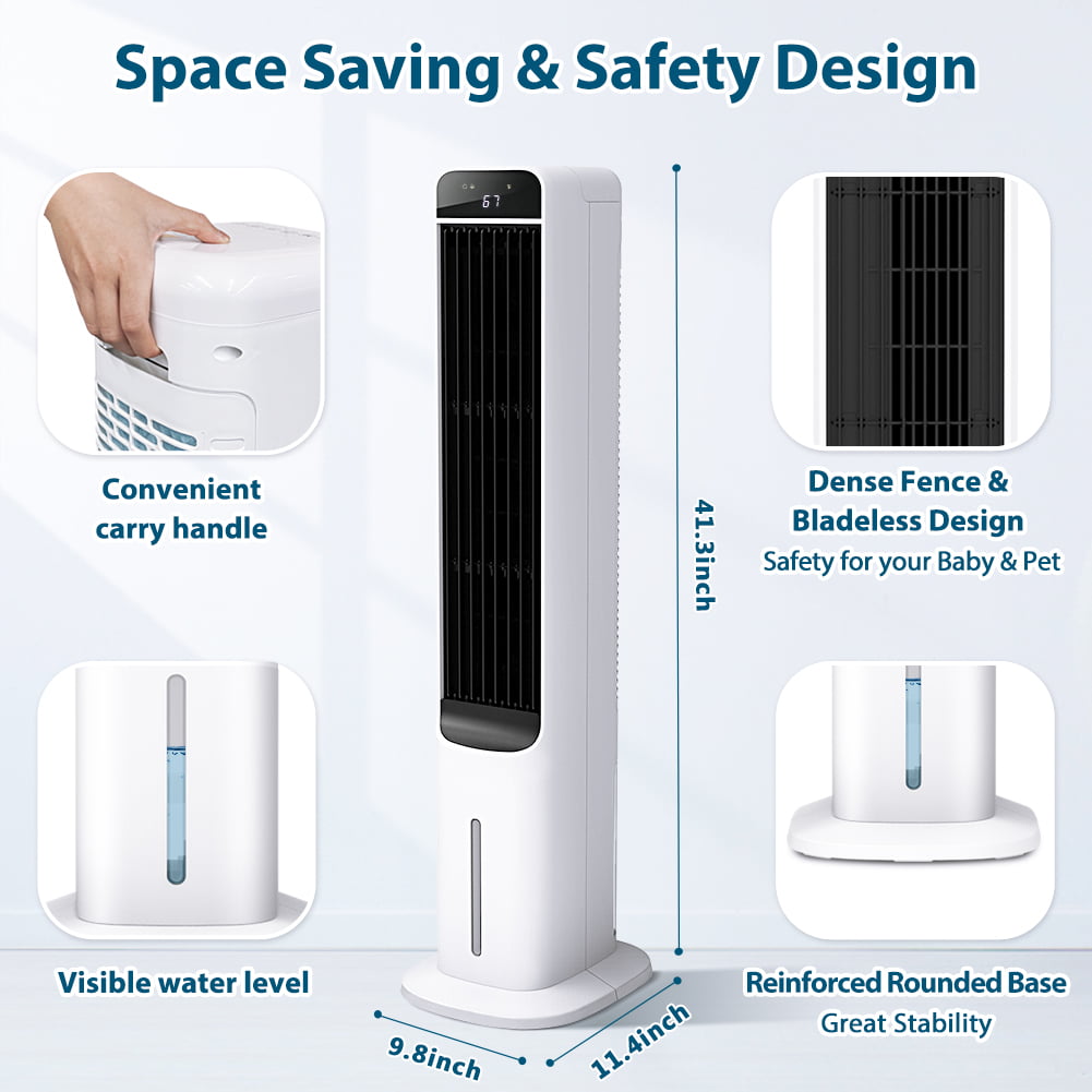 3-in-1 Evaporative Air Cooler LifePlus Portable Tower Cooling Fan Oscillating Swamp Cooler 41.5" White
