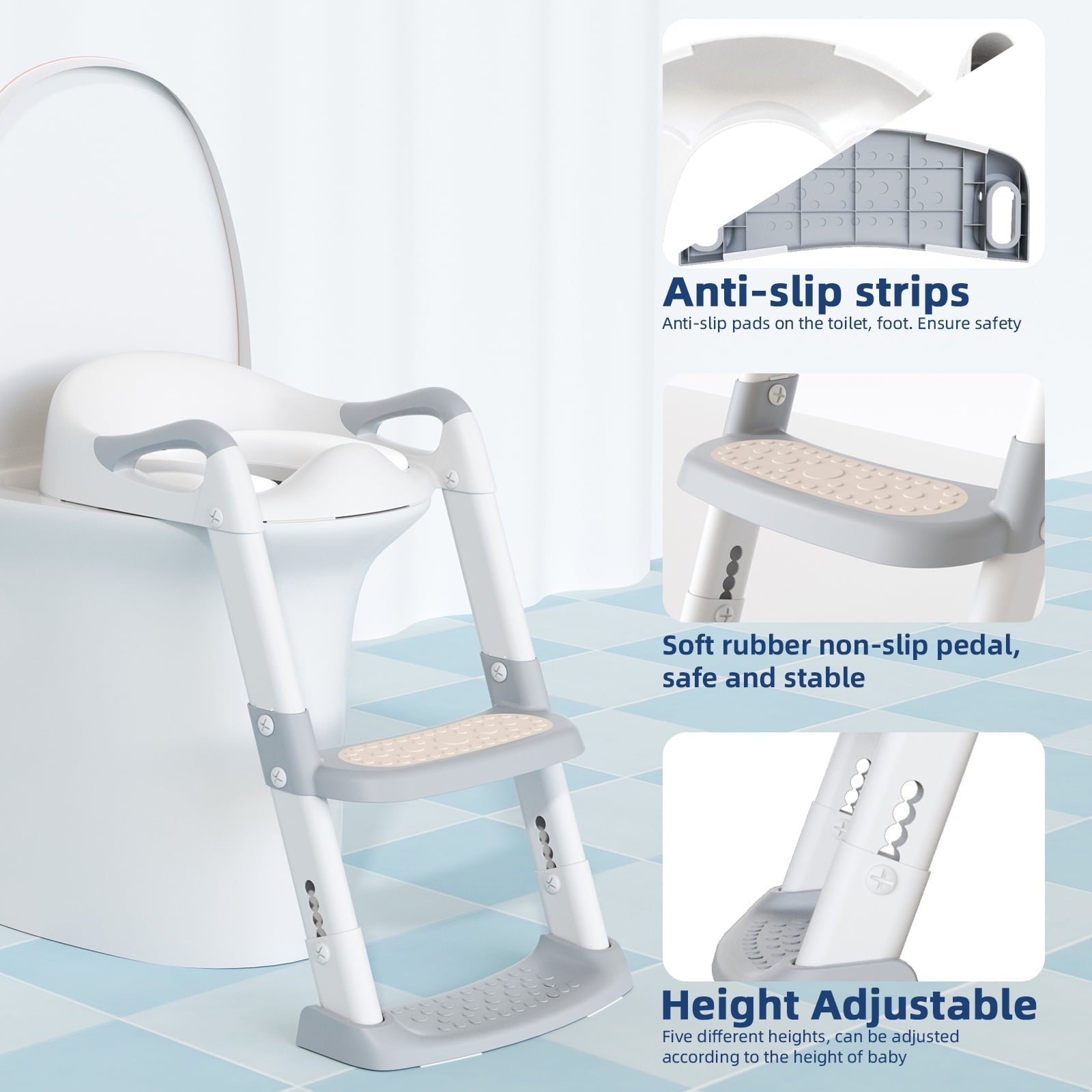 KORIMEFA Baby Potty Training Seat, Potty Toilet Seat, Foldable Toddler Toilet Potty Chair, Toilet Trainer Seat with Anti-Slip Pads Ladder for Boys Girls Kids, Grey