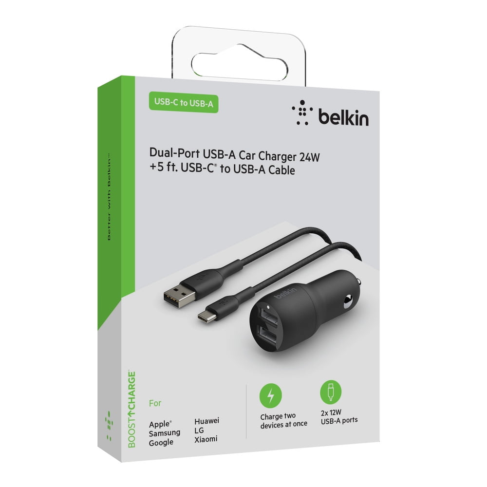 Belkin BOOSTCHARGE 24W Dual-Port USB-A Car Charger + USB C to USB-A Cable, 5ft