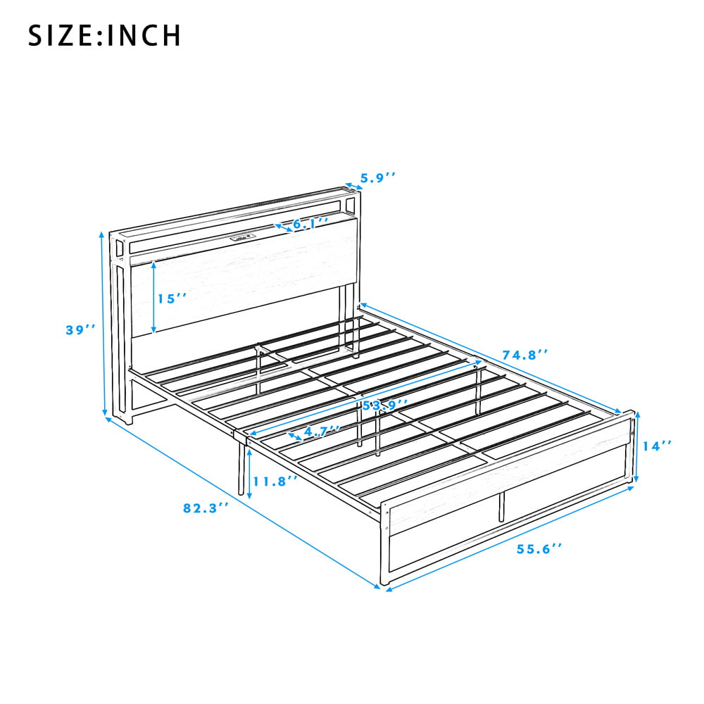 Metal Platform Bed with Sockets & USB Ports, Full Size Platform Bed Frame with 2 Shelves & Headboard & Footboard, Low Platform Bed Mattress Foundation with Under Bed Storage No Box Spring Needed White