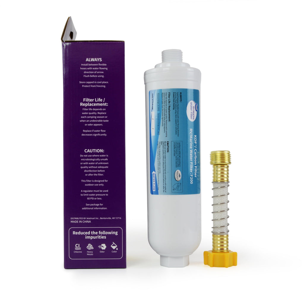 Great Value RV Water Filter 1 Pack for RV/Marine/Camping/Garden/Bathtub Use, With Flexible Hose, F200, Activated Carbon Block, White
