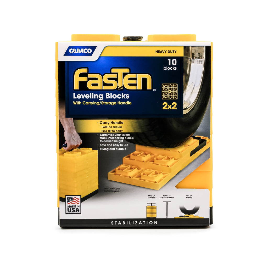 Camco FasTen RV Leveling Blocks | Features a Durable Resin Design and Convenient Carrying Handle | Compatible with Single Wheel, Stabilizer Jacks, and More | 8.5-Inches x 8.5-Inches x 1-Inch (21022)