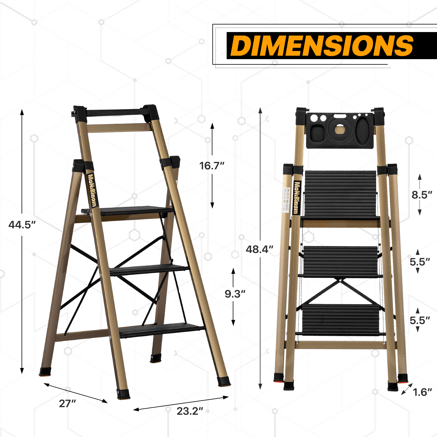 MoNiBloom Aluminum Alloy 3 Step Ladder With Tool Tray, Folding Stool with Wide Pedal for Home Improvement, Black/Gold