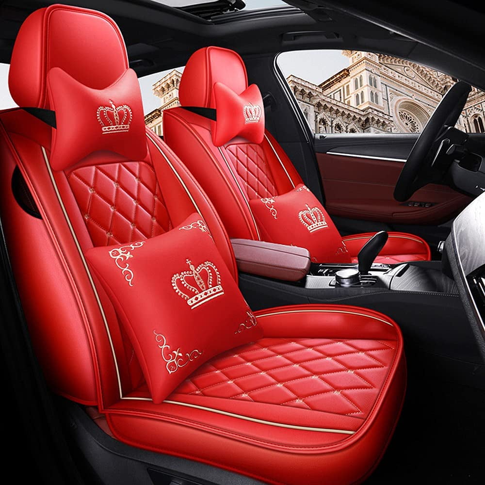 Aotiyer Full Set Car Seat Covers, Crown PU Leather Car Seat Cover Full Surround, Durable Comfortable Automotive Vehicle Cushion Cover Fit for Most 5 Seats Cars/SUV/Truck/Vans (Red)