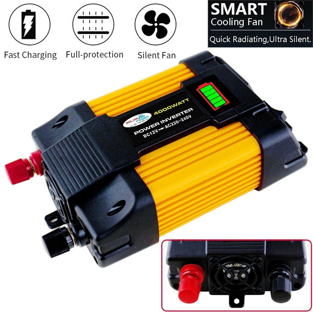 4000W Power Inverter DC12V to AC110V Sine Wave Convert with 2 USB Ports 1 Sockets for Camp Home