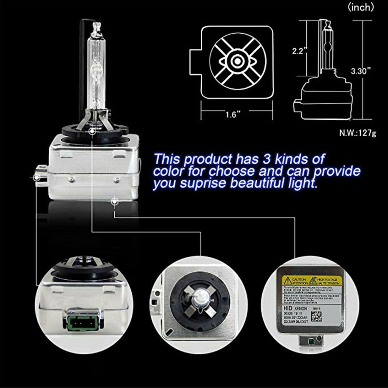 D3S HID Headlight Bulbs Xenon 6000K Cold White 35W Replacement 66340 42403 42302 Headlamp - Pack of 2