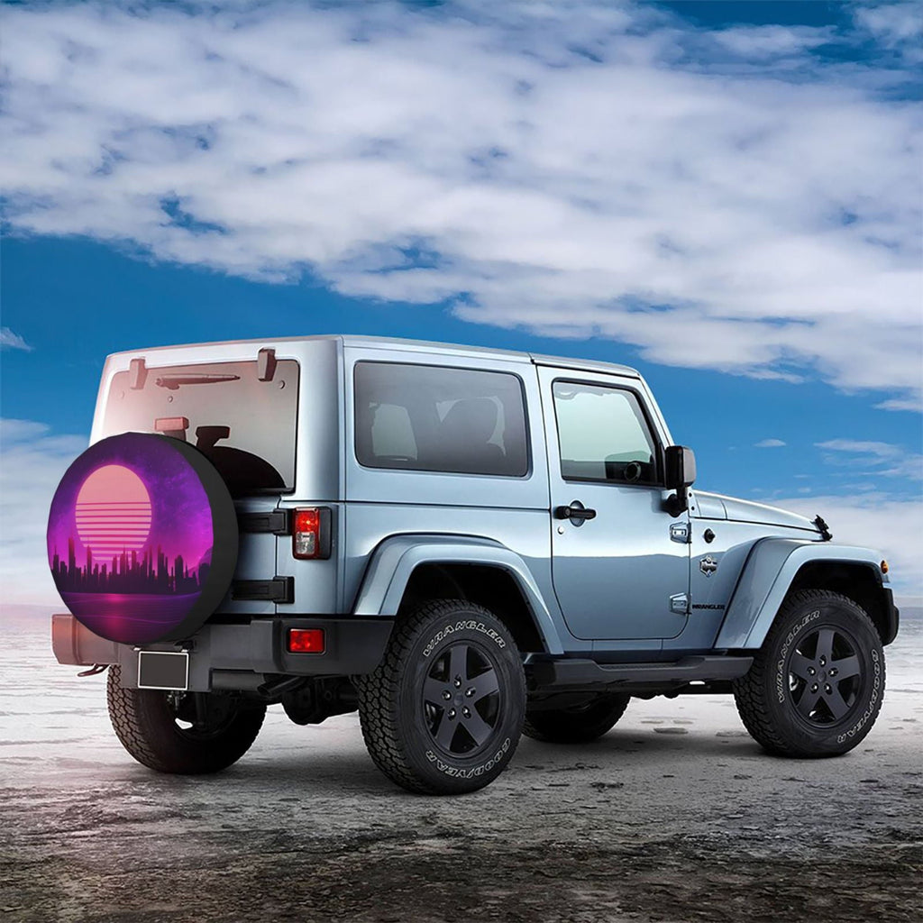 DouZhe Waterproof Spare Tire Cover, Cyberpunk City Night Landscape Prints Adjustable Wheel Covers Fit for Jeep Trailer RV SUV Car, 14 inch