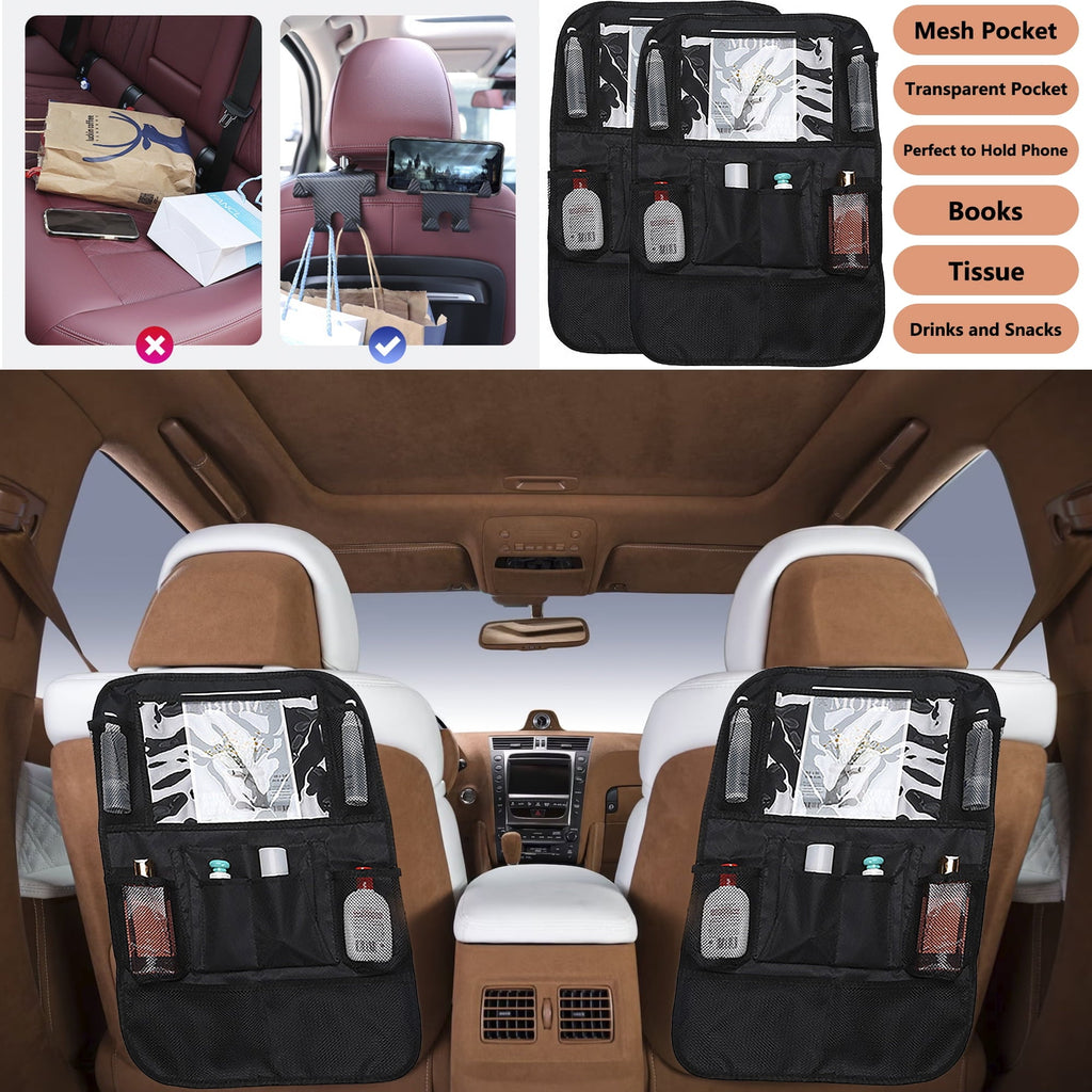 2 Pack Car Back Seat Organizer with Extra Hanging Hook, Multi-Pockets Auto Seat Travel Storage Bag, Universal Car Storage Holder