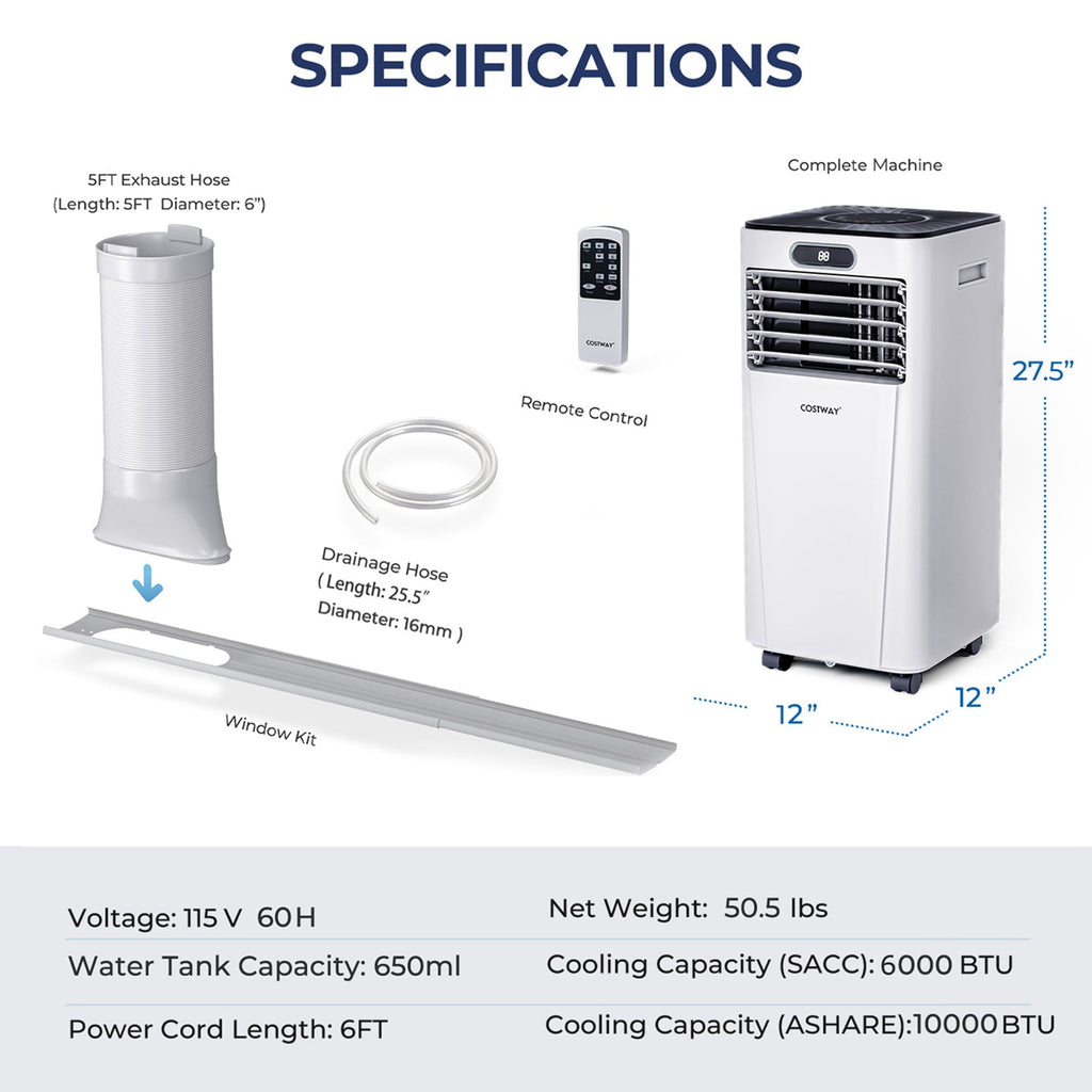 Costway 6000 BTU (10000 BTU ASHRAE) Portable Air Conditioner w/ Remote Control 3-in-1 Air Cooler w/ Drying White