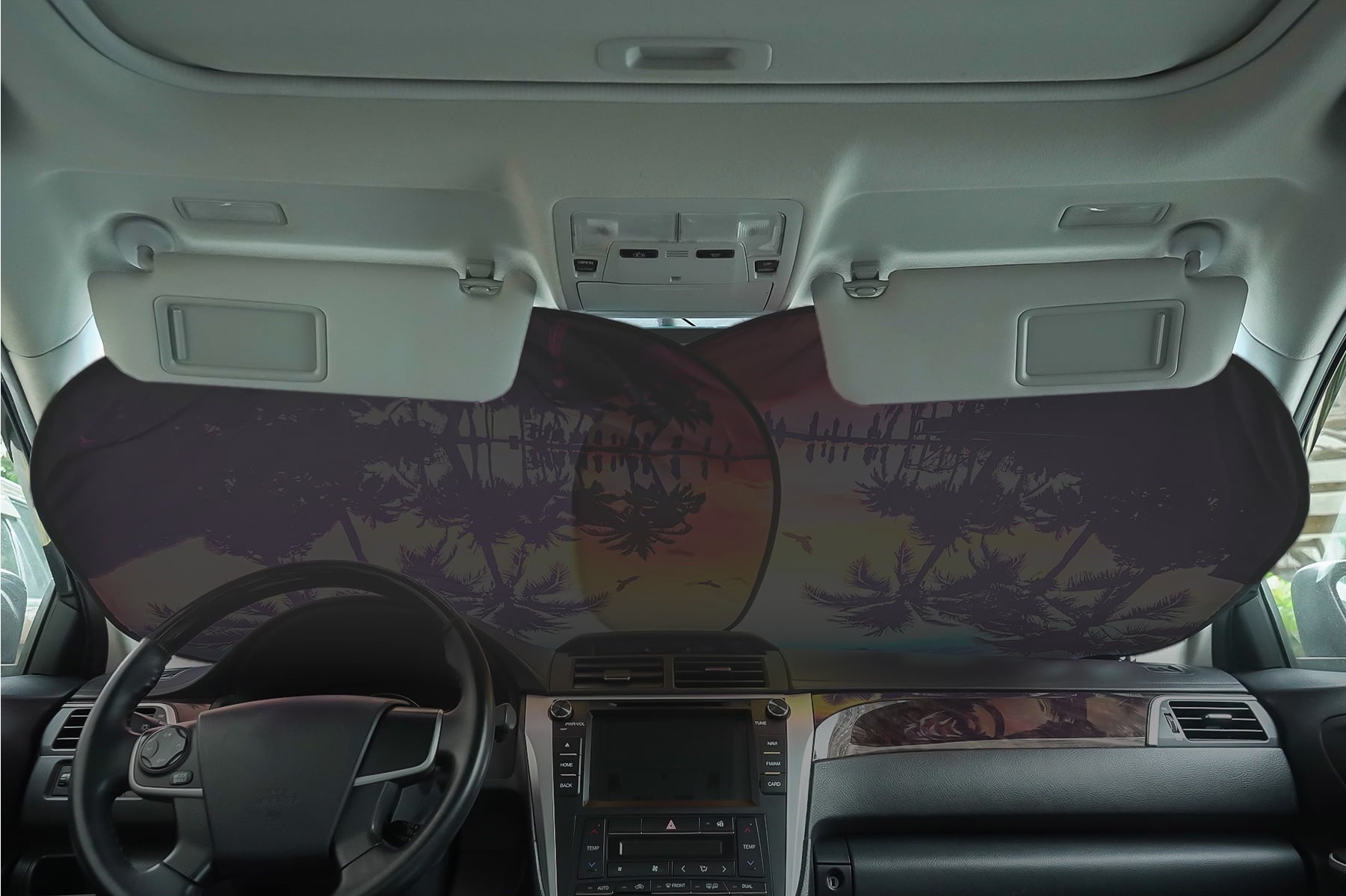 Auto Drive 2 Count Palm Tree Sunset Universal Twist Sun Shade Product Size 28.5'' x 31.5''