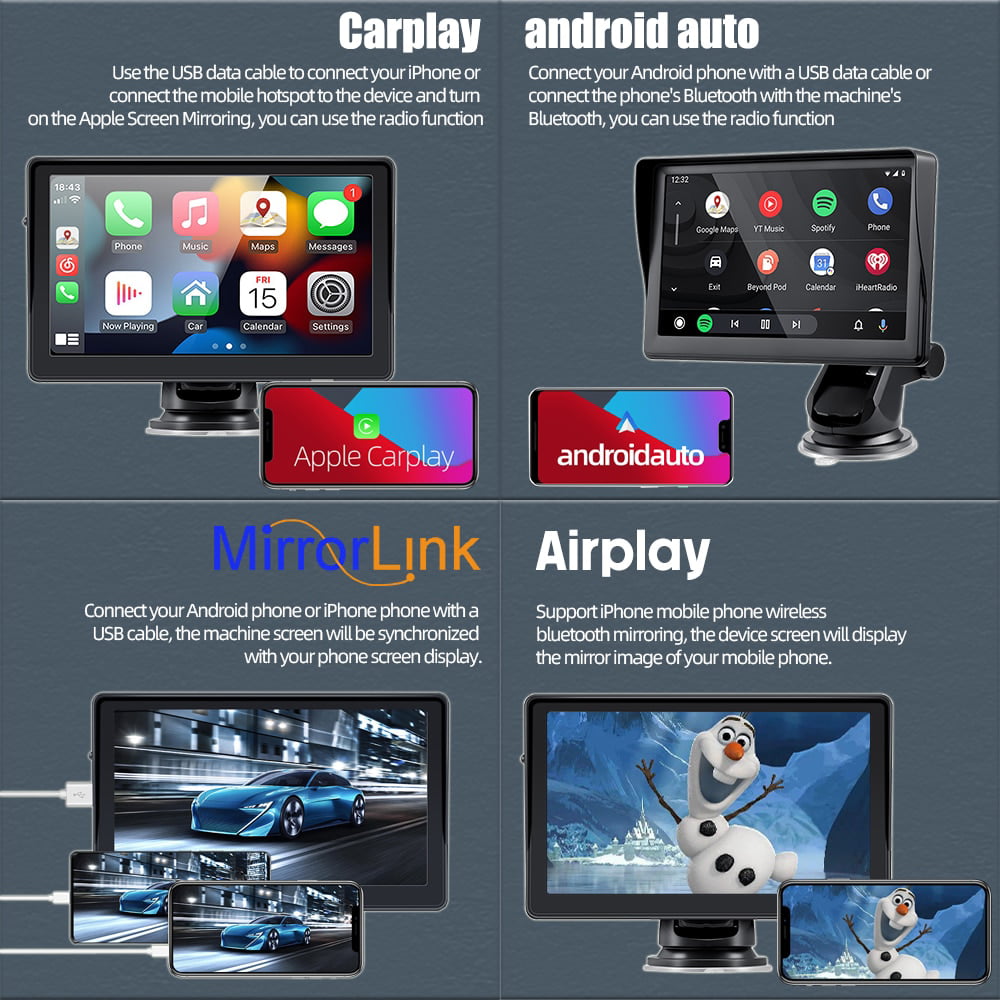 [2023 Newest] Polarlander Portable Wireless Apple Carplay & Android Auto with Steering Wheel Control, 7 inch IPS Touchscreen Car Stereo, Bluetooth Handsfree, WiFi, AirPlay, Dash Windshield Mounted
