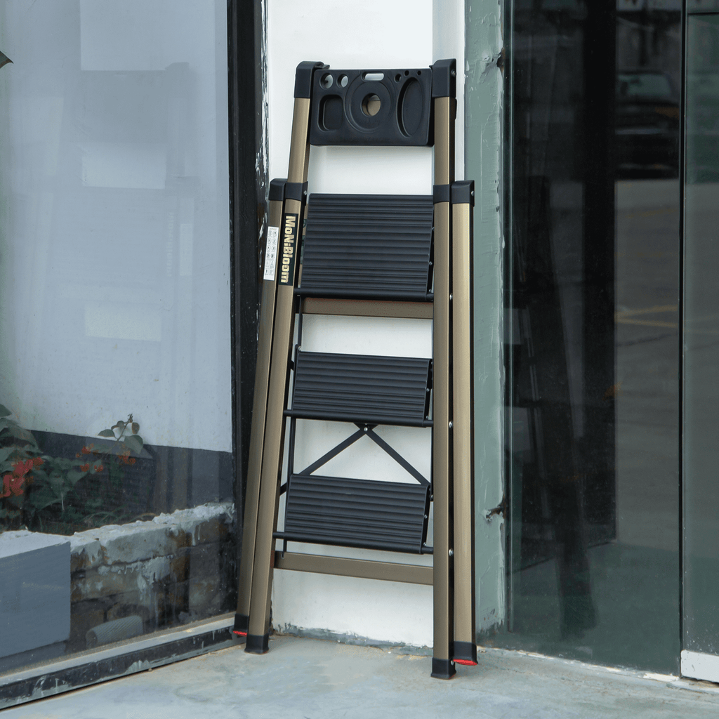 MoNiBloom Aluminum Alloy 3 Step Ladder With Tool Tray, Folding Stool with Wide Pedal for Home Improvement, Black/Gold
