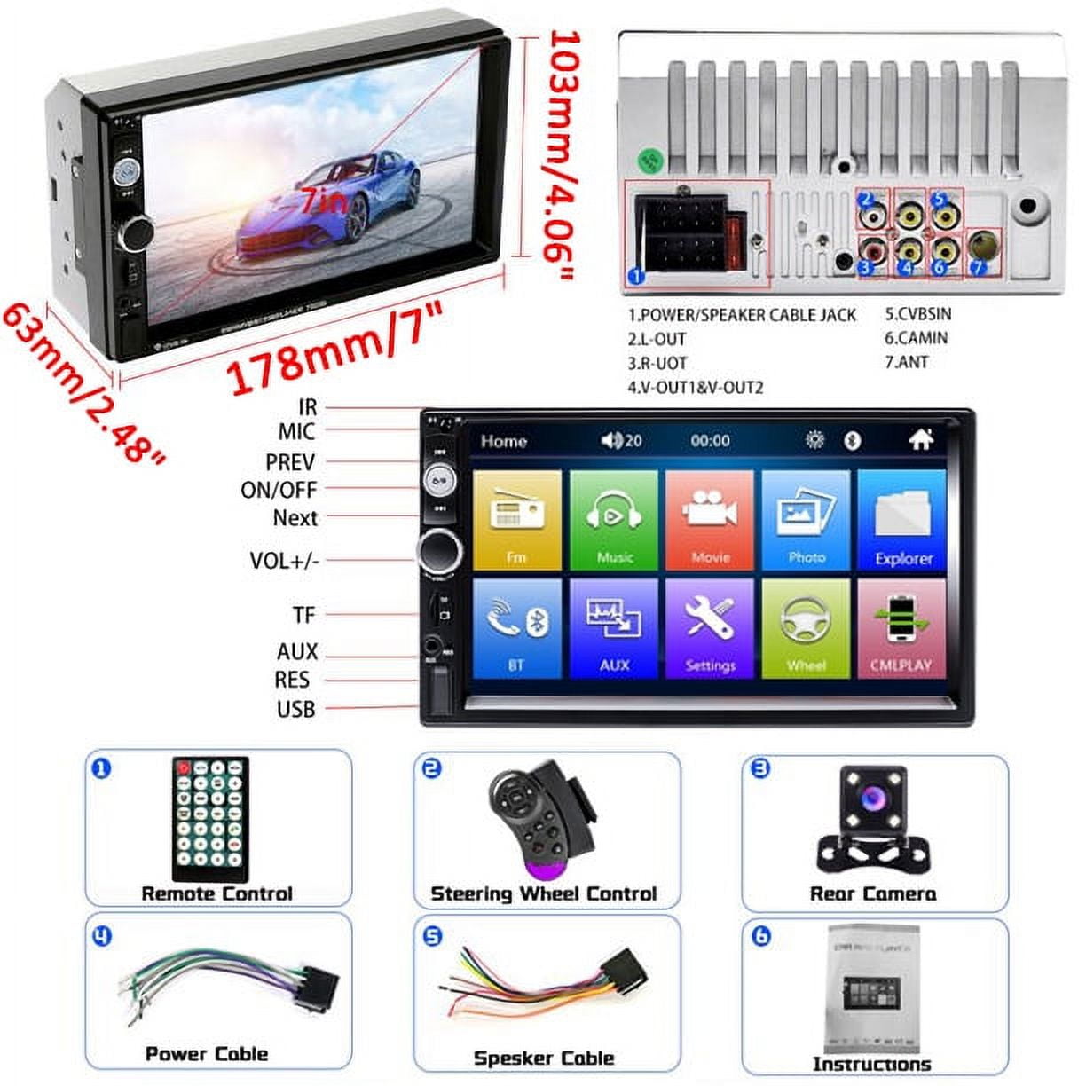 Podofo 12V Universal Double 2 Din 7" Car Stereo Radio with Bluetooth HD Touch Screen MP3 MP4 MP5 Car Multimedia Player SD USB FM Aux Mirror Link Function,with Backup Camera