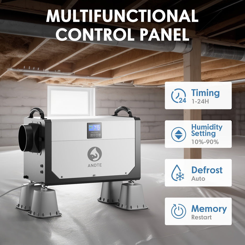 ANDTE 145 Pints Commercial Dehumidifier, Crawl Space Dehumidifier for Basement with 6.56ft Drain Hose and 24 Hr Timer, Compact, Portable, Auto Defrost, Memory Starting