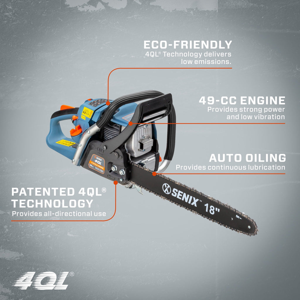 SENIX 18-inch 49 Cc 4-Cycle Gas Powered Chainsaw, Oregon Bar and Chain, CS4QL-L1