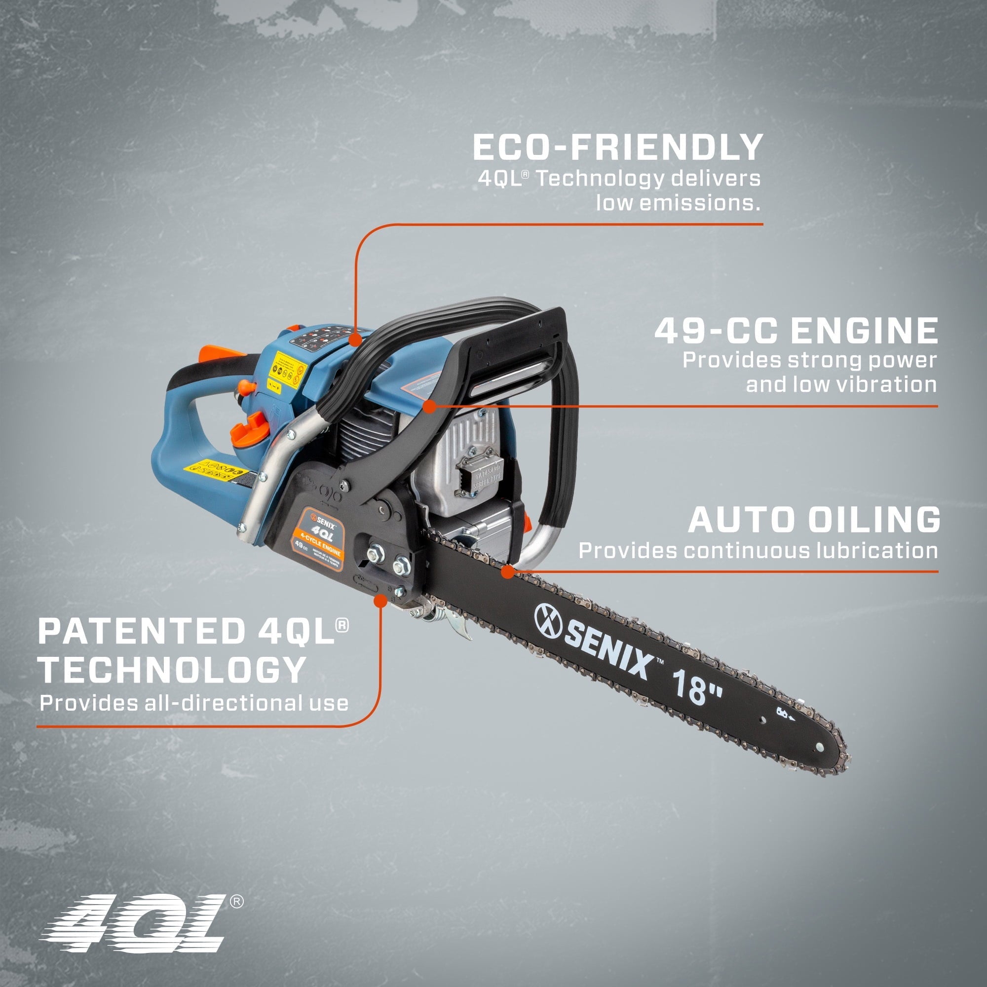 SENIX 18-inch 49 Cc 4-Cycle Gas Powered Chainsaw, Oregon Bar and Chain, CS4QL-L1