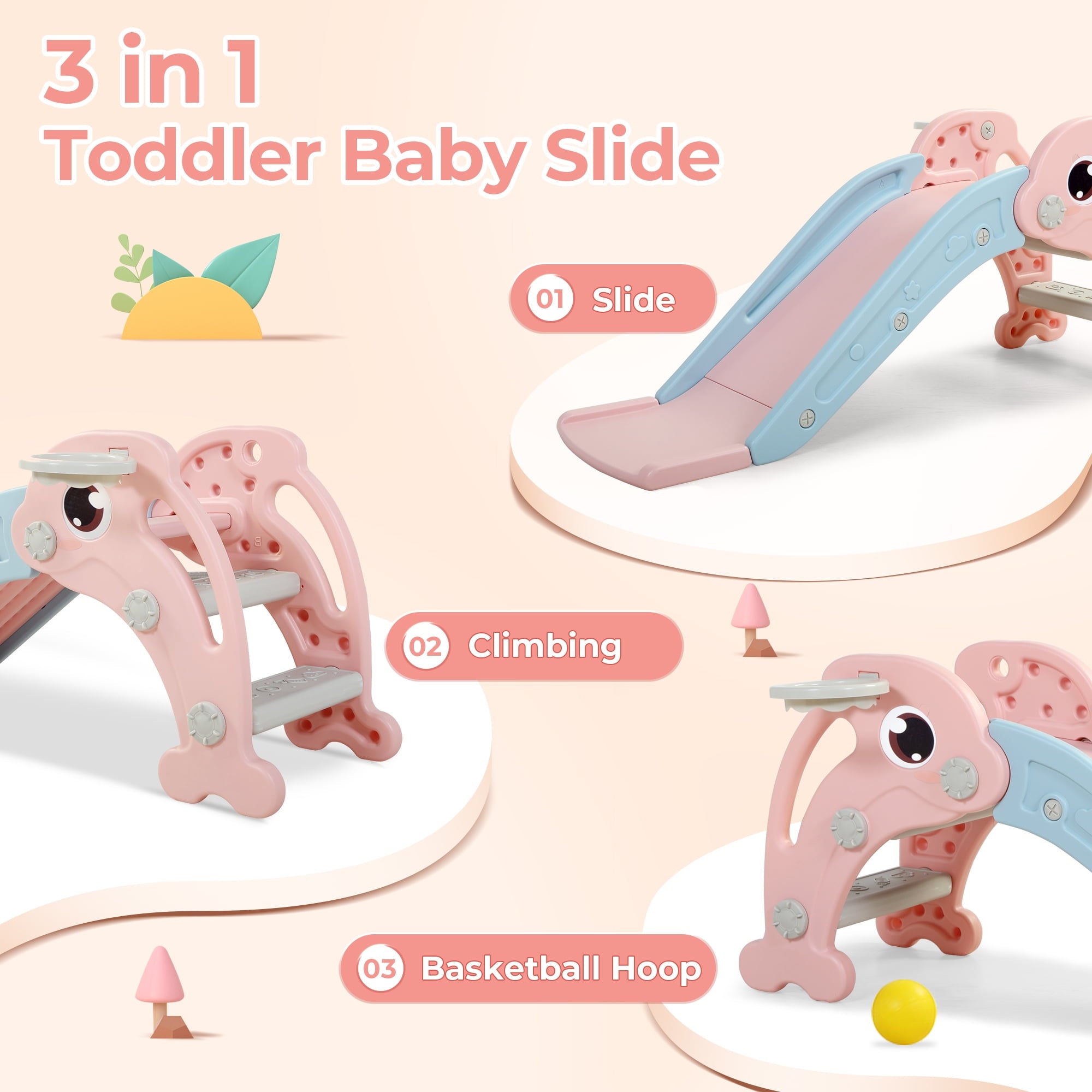 TOBBI 3 in 1 Toddler Slide Plastic Kids Slide with Climb Stairs | Basketball Hoop | Ball, Indoor Outdoor Games Fun Activity Playground Toy for Boys Girls