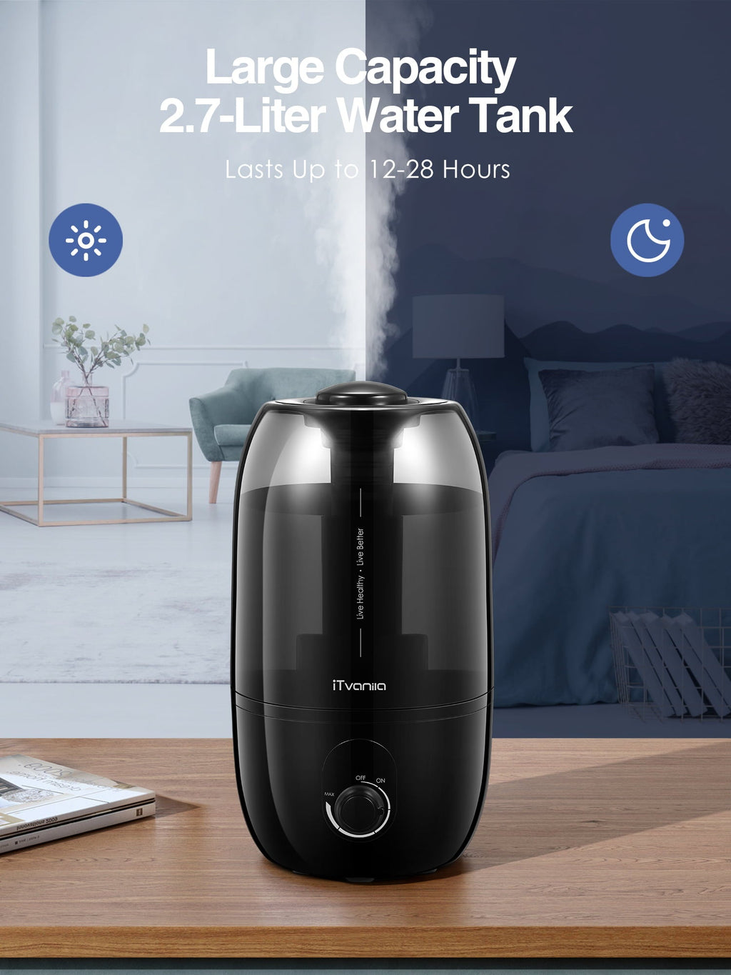 Cool Mist Humidifiers, 2.7L Humidifier for Home and Baby Room, 28H Quiet Output Bedroom Humidifier with 360° Rotating Nozzle, Black