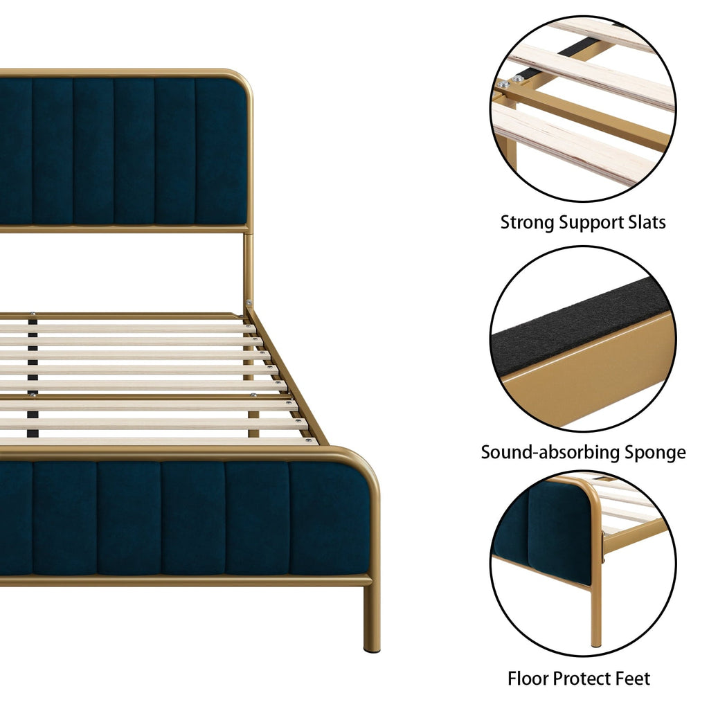 Homfa King Size Bed Frame, Round Metal Tube Heavy Duty Bed Frame with Tufted Upholstered Headboard, Gold and Blue