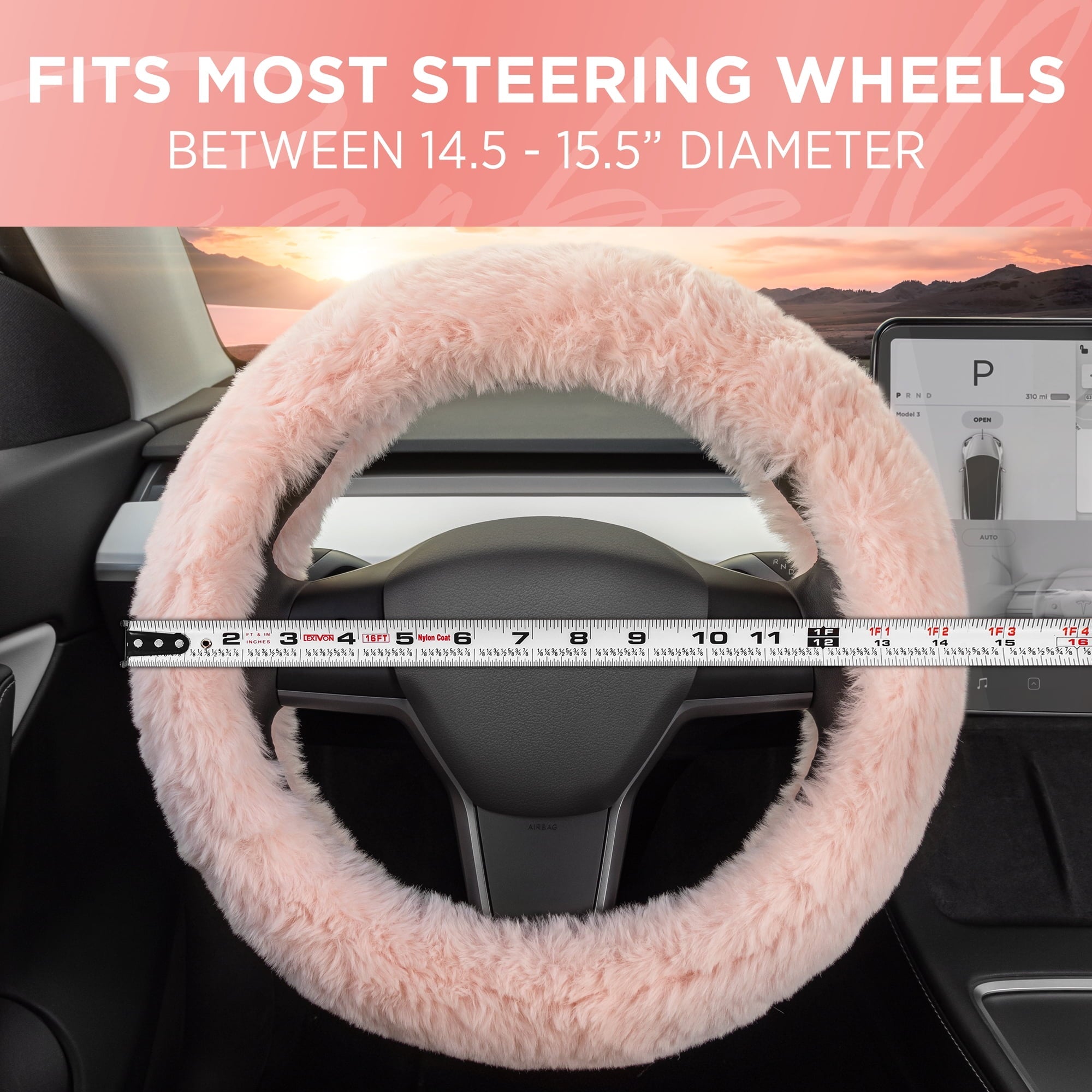 Carbella Soft Pink Faux Fur Steering Wheel Cover for Women, Standard 15 Inch Size Fits Cars Trucks SUV