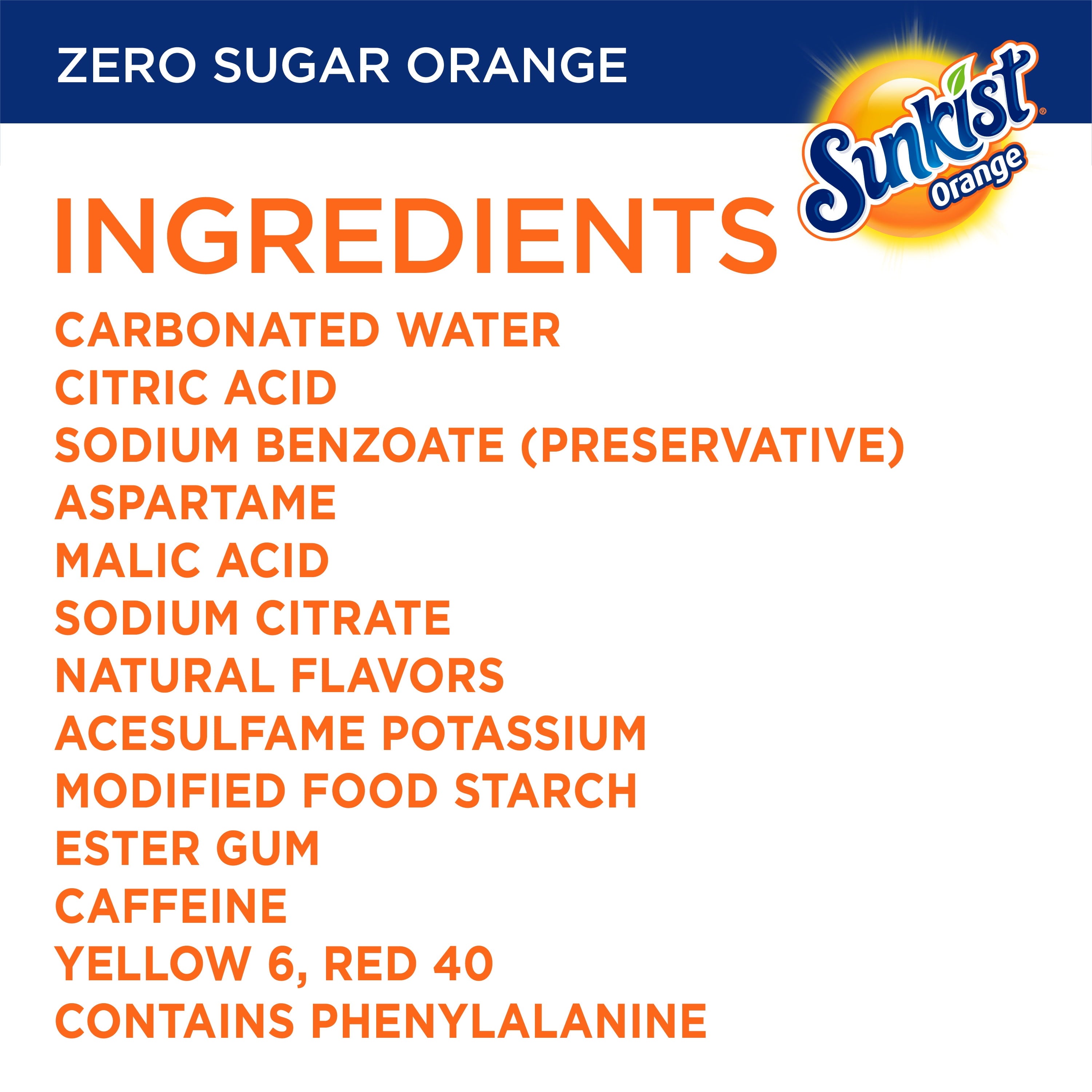 Sunkist Zero Sugar Orange Soda, .5 L bottles, 6 pack