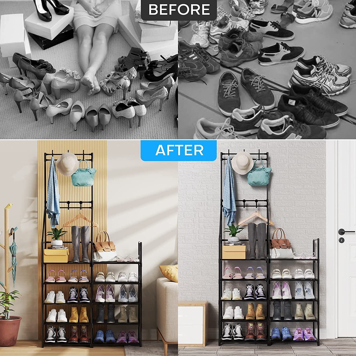 Shoe Organizer, 5-Tier Coat and Shoe Rack, 24-30 Pairs Shoes Boots Organizer for Entryway, Plastic