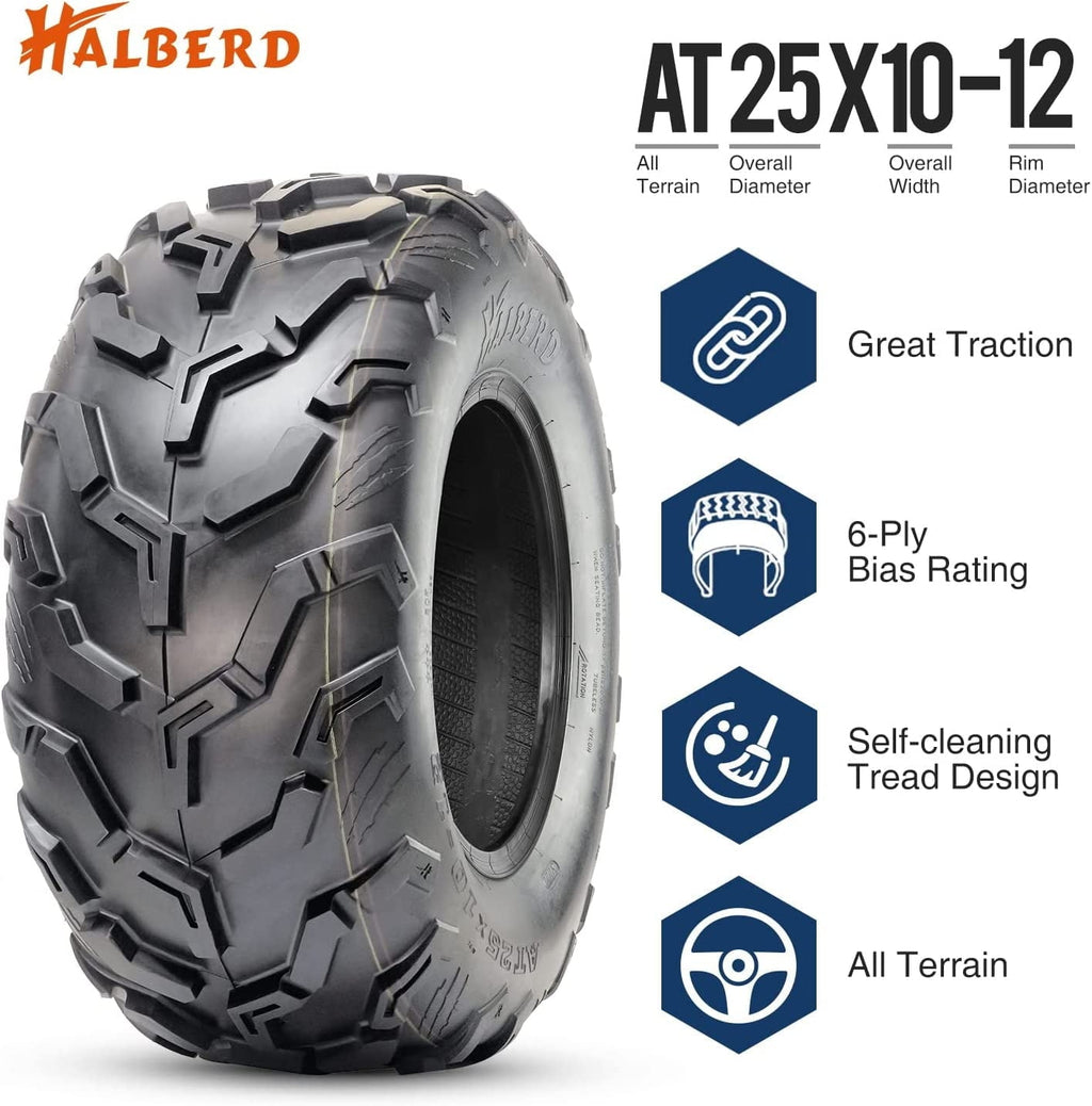 HALBERD 6PR 25x10-12 Front Rear ATV/UTV Tires 15mm Tread Depth All Terrain Off-Road Tires