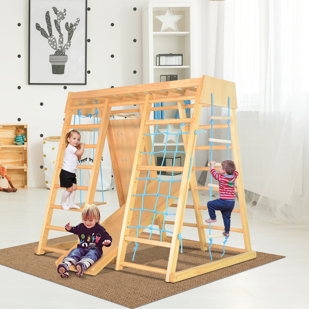 JOYMOR Indoor 7-in-1 Kids Climb Playset, Toddler Wooden Climber Gym Playground