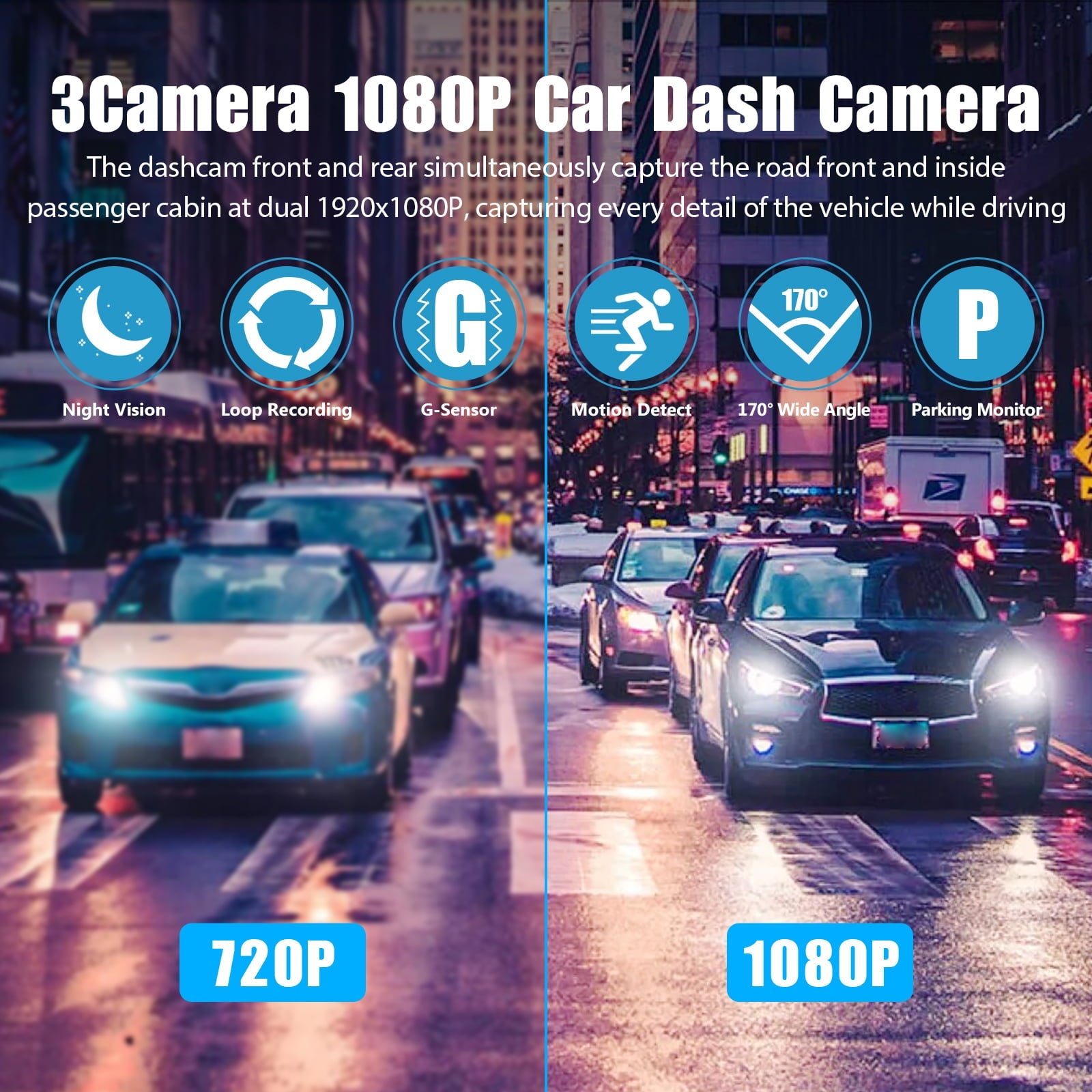 Dash Cam Front and Rear, TSV 3 Channel Dual Dash Camera, 1080P Car Camera DVR Backup Cam, 3 Way Triple Dashboard Driving Recorder, Inside IR Night Vision, G-Sensor, Parking Mode