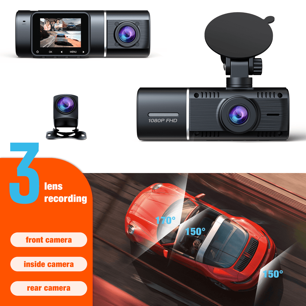 TOGUARD 3 Channel  Dash Cam 1080P Dash Cam Front and Rear， with 64GB SD Card Infrared Night Vision Car Camera, WDR, Emergency Lock, Parking Monitor