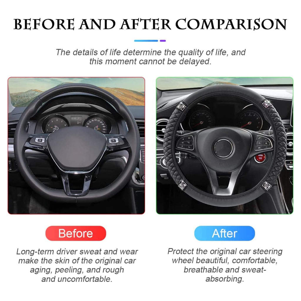 Steering Wheel Cover, Universal Bling  15 Inch Car Accessory with Rhinestones for Women, Anti-Slip Soft Leather Black Protector for Sedans, SUVs, Vans, Trucks
