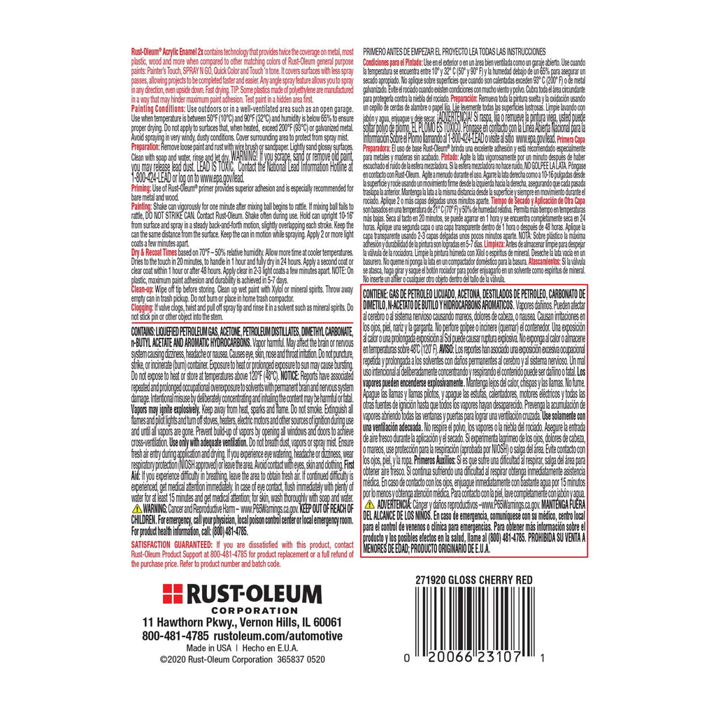 Red, Rust-Oleum Automotive Gloss Acrylic Enamel 2X Spray Paint-271920, 12 oz