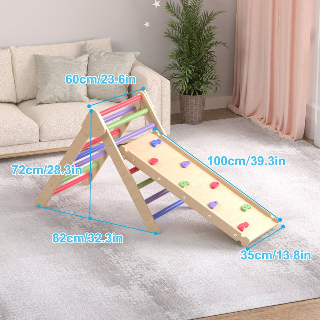 YUFU 2 in 1 Climbing Triangle Ladder with Ramp Foldable Wooden Triangle Climber Set Montessori Climbing Toys for Kids Ourdoor Indoor Playground Play Gym