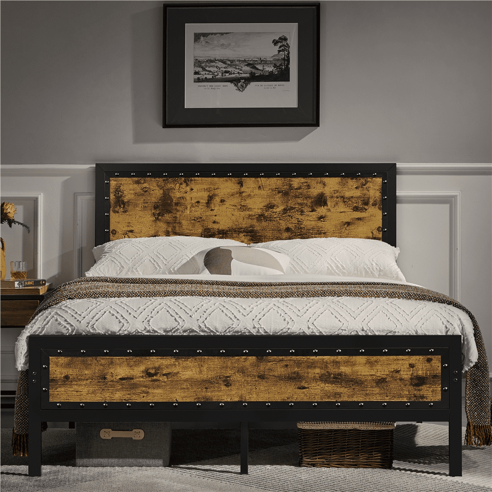 Topeakmart Industrial Metal Bed Frame with Wooden Headboard and Footboard, Queen Size, Rustic Brown