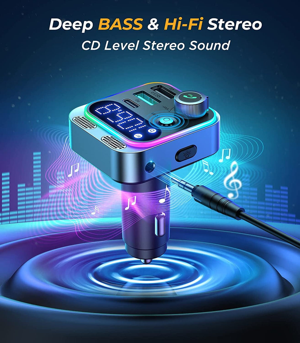 JOYROOM Bluetooth Car Adapter, Bluetooth 5.3 Wireless FM Transmitter for Car, PD & QC 3.0 USB Charger, AUX Handsfree Car Kit MP3 Player, Support U Disk