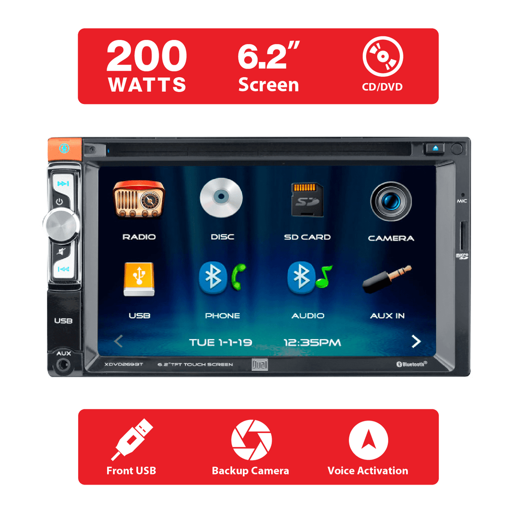 Dual Electronics XDVD269BT 6.2 Inch, Car Stereo Head Unit, Double DIN with CD/DVD