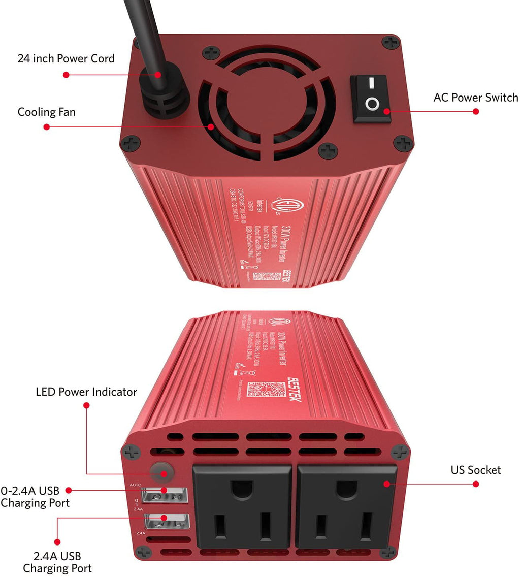 BESTEK 300W Car Inverter,DC 12V to 110V AC Power Inverter with 4.2A 2 USB Ports