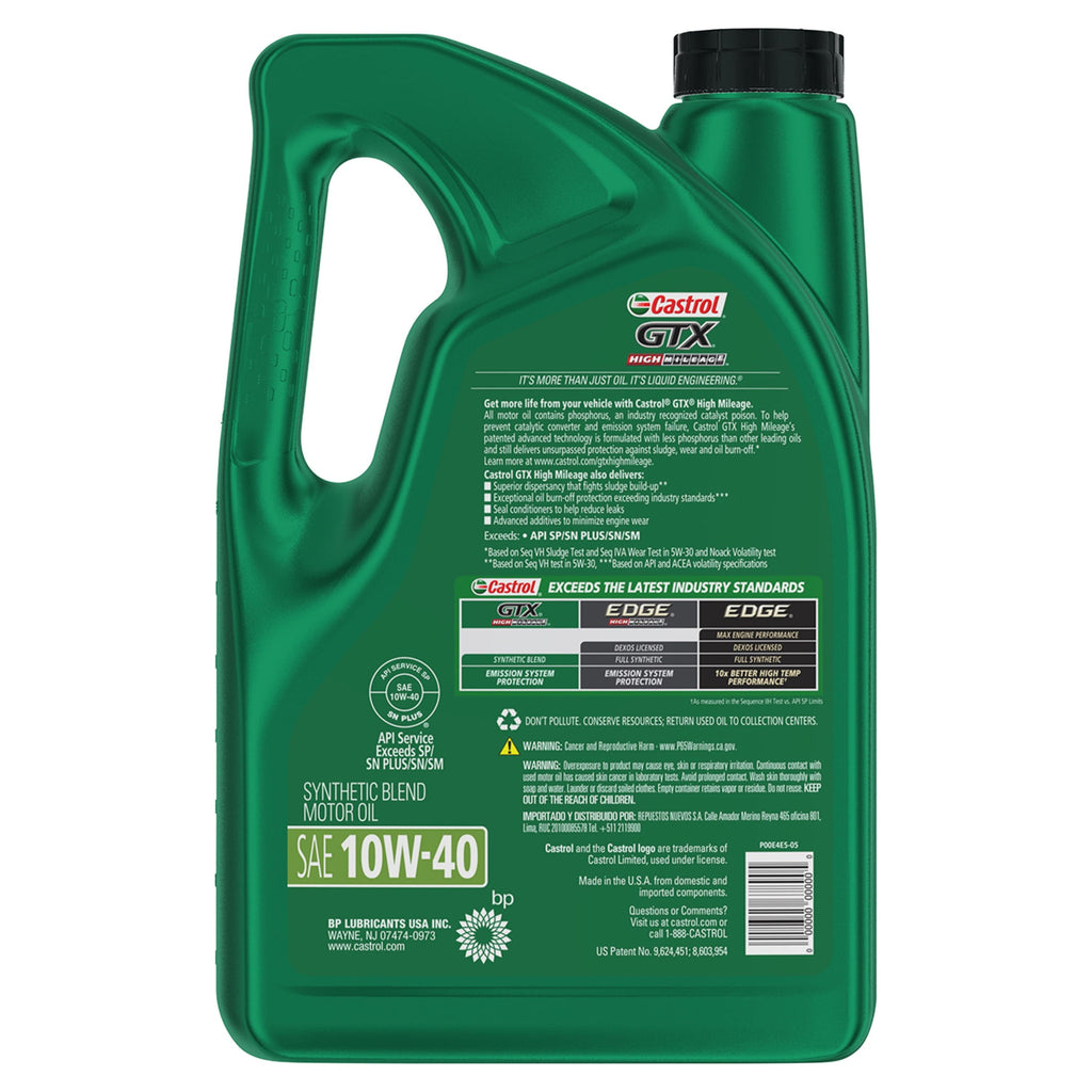 Castrol GTX High Mileage 10W-40 Synthetic Blend Motor Oil, 5 Quarts