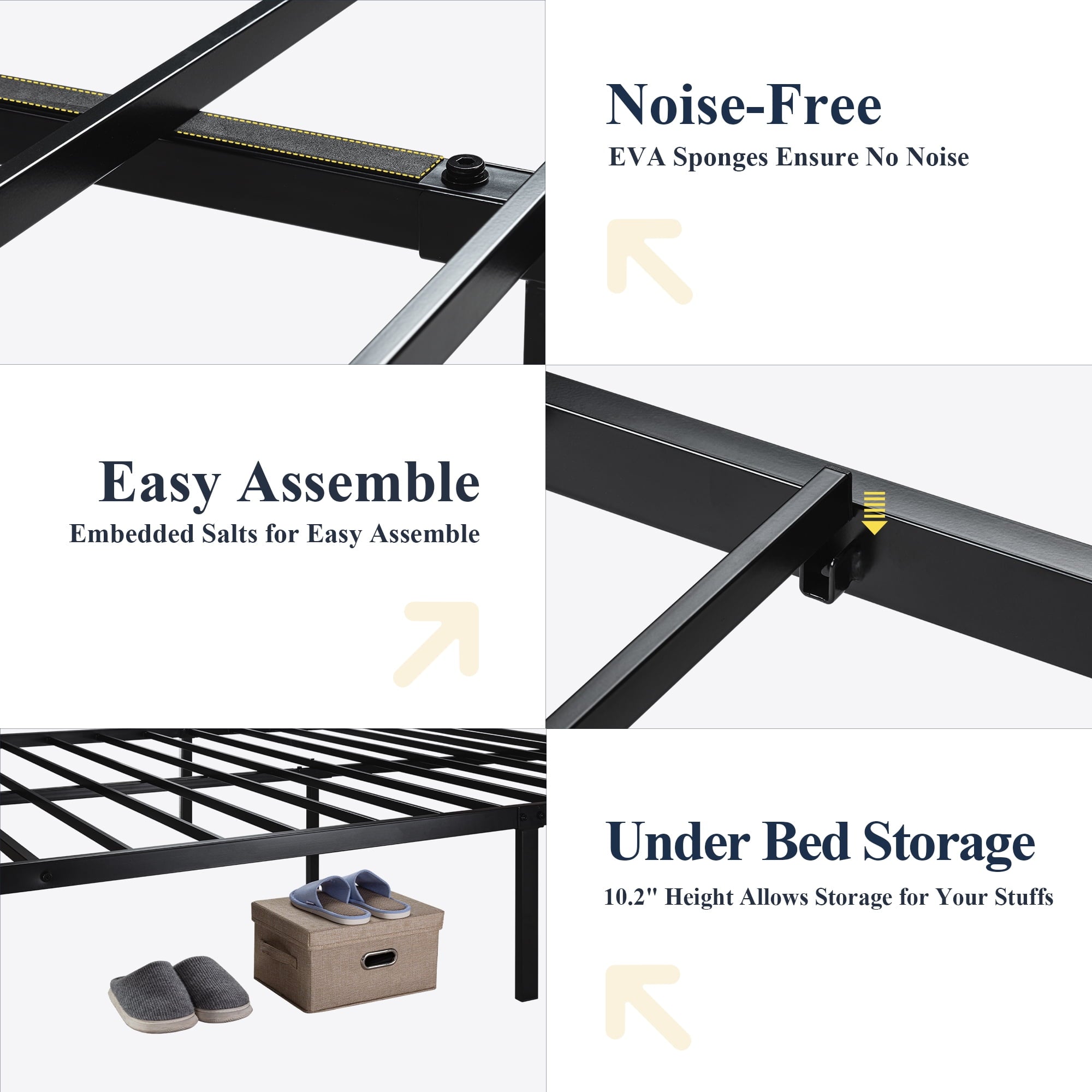 Allewie Queen Size Heavy Duty Bed Frame with Black Oak Headboard, Engineered Wood, 12'' Under Bed Storage