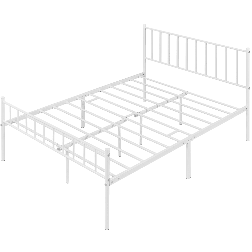 Easyfashion Justin Metal Platform Bed with Spindle Headboard and Footboard, Queen Size, White