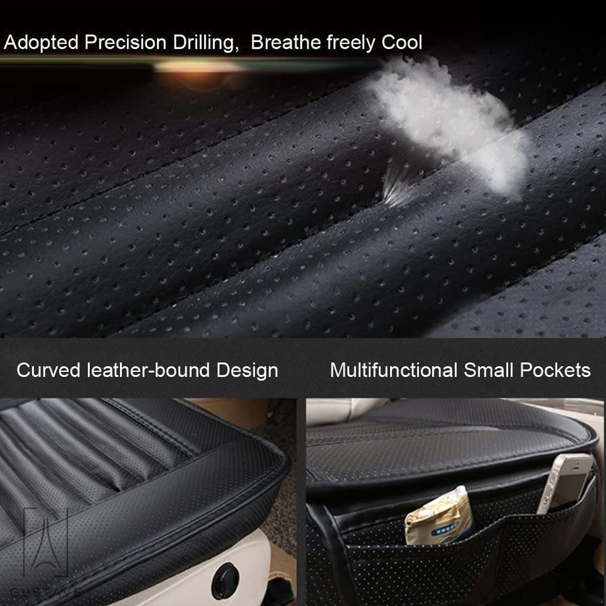 Gustave Universal Car Seat Cushion, Breathable Car Front Seat Pad with PU Leather Bamboo Charcoal Car Seat Protector for Auto Supplies Office Chair "Black"