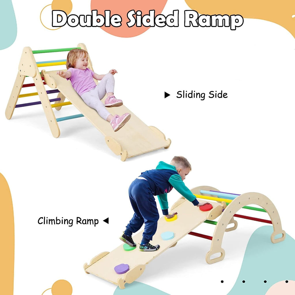 OLAKIDS Climbing Triangle Set, 5 in 1 Kids Wooden Montessori Climber Toy with Ramp Ladder Arch Slide for Gym Playground, Indoor Outdoor Climb Activity Jungle Play Structure for Toddlers 1-3
