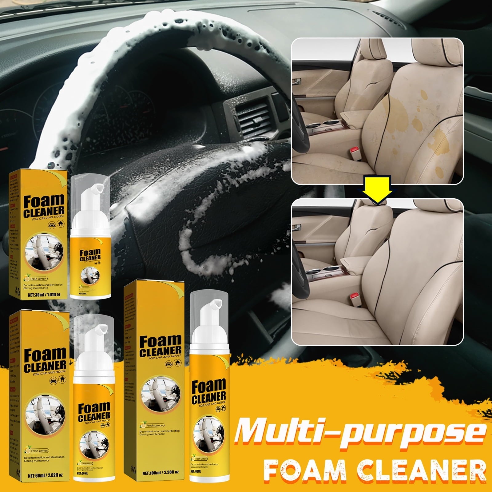 Multi-functional Car Foam Cleaner,100ml No Flushing Car Interior Cleaning, Grease-Free Cleaner, All Purpose Foam Cleaner Spray for Car House Kitchen (3 pcs)