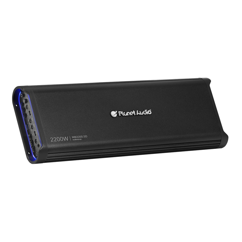 Planet Audio MB2200.5D Mini Bang Series Car Audio Amplifier - 2200 High Output, 5 Channel, Class D, 2 Ohm, Low/High Level Inputs, Low/High Pass Crossover, Full Range, Hook Up To Stereo and Subwoofer