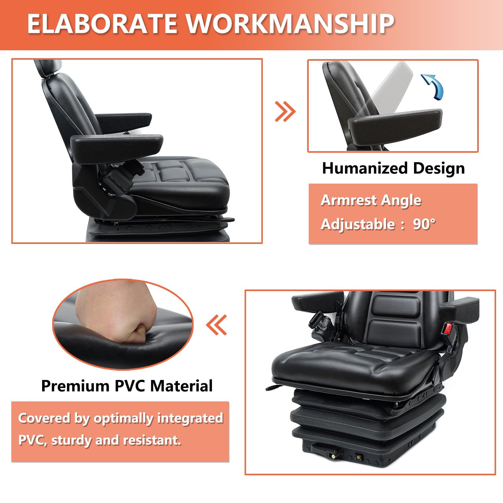 TICSEA Universal Heavy Duty Forklift Seat with Mechanical Suspension, Equipped with Adjustment Arm Rest, Seat Belt for Tractor Excavator Skid Steer