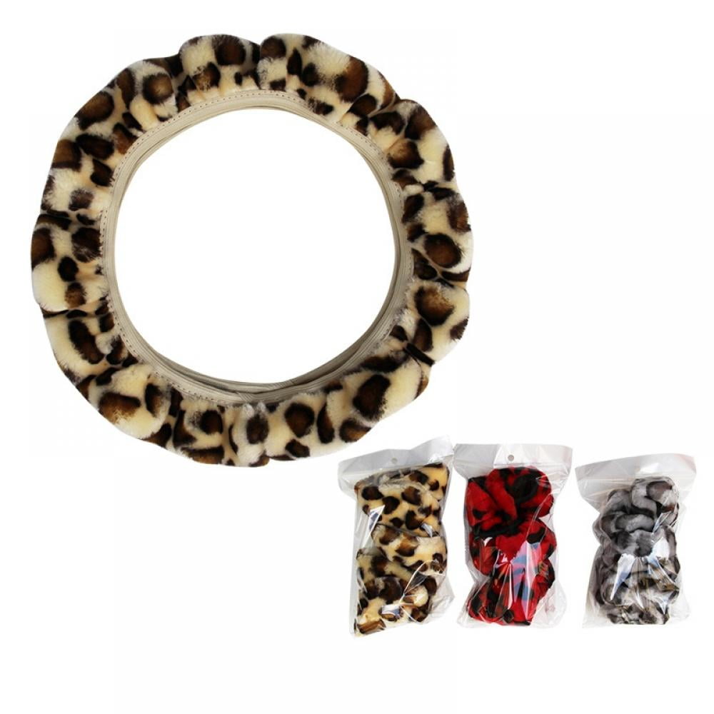 Universal 15" Auto Car Steering Wheel Cover Leopard Print Plush Elastic Section Steering Wheel Cover Velvet Fluffy Comfy Universal 15 Inches Car Wheel Protector for Women Girls