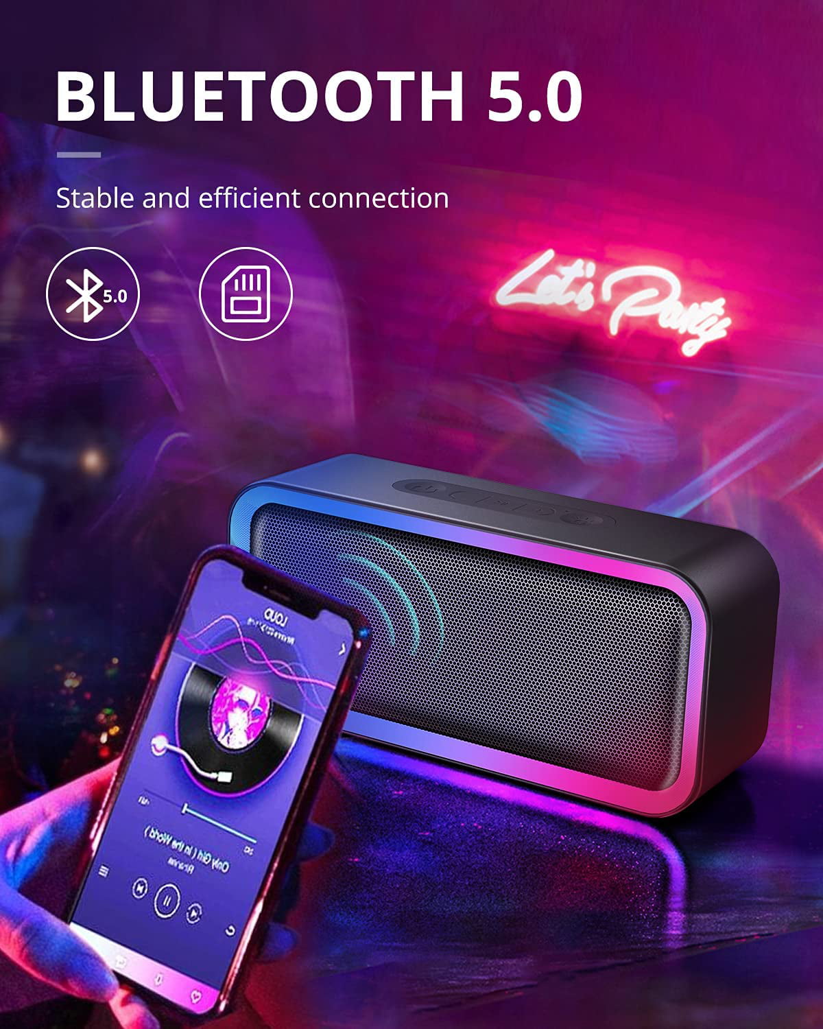 LED RGB Lights Bluetooth Party Speaker, 16W Portable Wireless Bluetooth Speaker w/HD Stereo, IPX6 Waterproof, 18H Playtime, Mic, TF Card, Mini Speakers for Home Garden Party Camping Travel