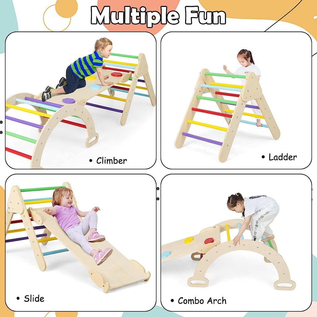 OLAKIDS Climbing Triangle Set, 5 in 1 Kids Wooden Montessori Climber Toy with Ramp Ladder Arch Slide for Gym Playground, Indoor Outdoor Climb Activity Jungle Play Structure for Toddlers 1-3